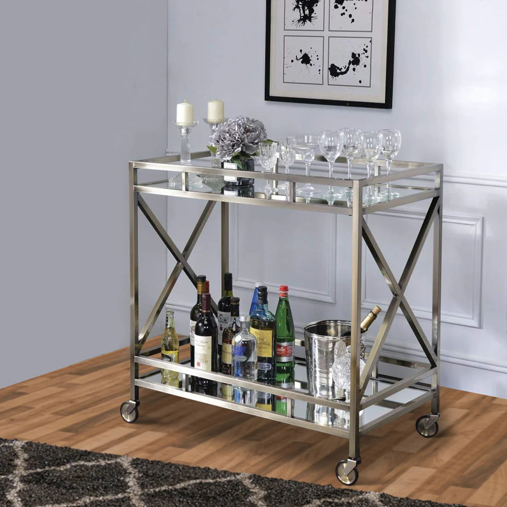 Antique Gold Bar Cart: Two-Tier Metal Serving Cart with Mirrored Shelves and X-Shaped Side Panel