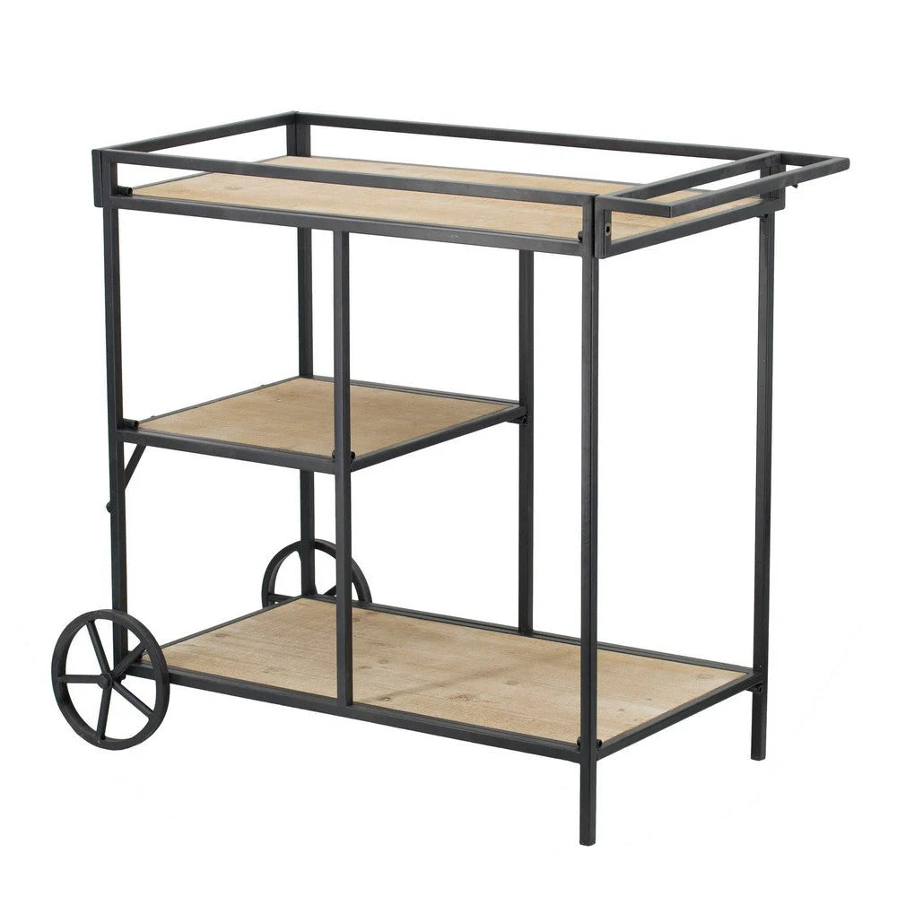 32-Inch Bar Cart & Serving Cart – 3-Tier Fir Wood Shelves with Black Iron Frame, Brown Accents