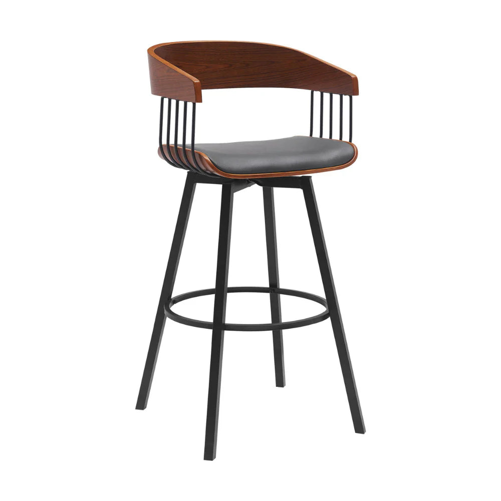 Vera 31-Inch Swivel Bar Stool Chair with Curved Open Back – Walnut Brown & Gray | Perfect for Home Bar
