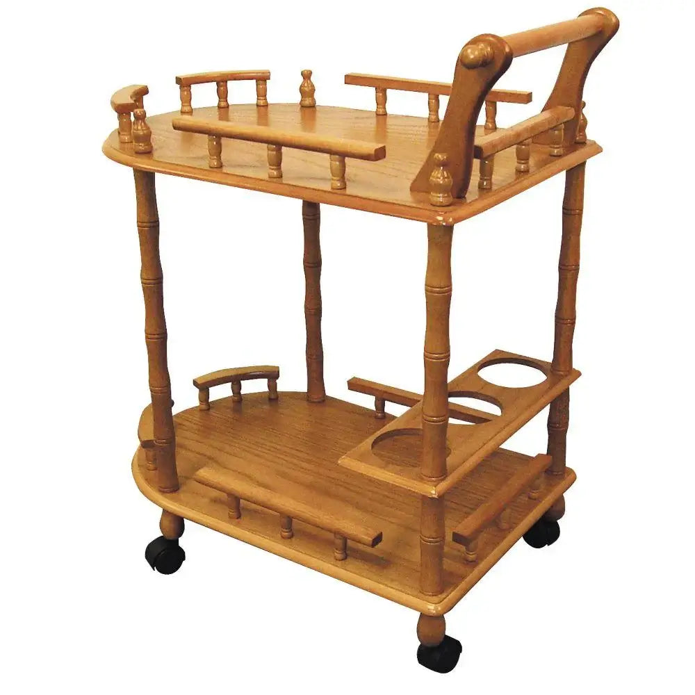 Oak Brown Bar Cart & Serving Cart with Casters – 2-Tier Wooden Wine Table with Elegant Turned Legs