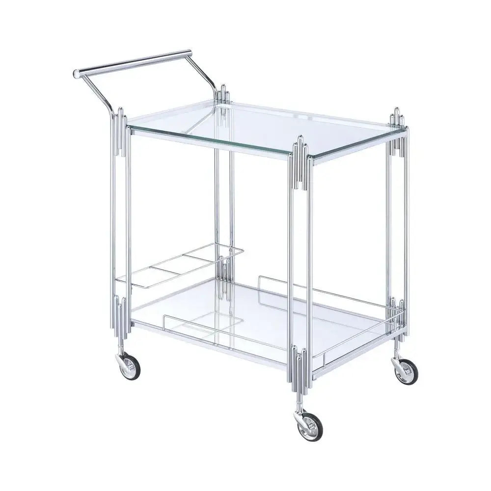 Rectangular Metal Design with Open Shelves and Mirrored Accents- Chic Silver Bar Cart & Serving Cart