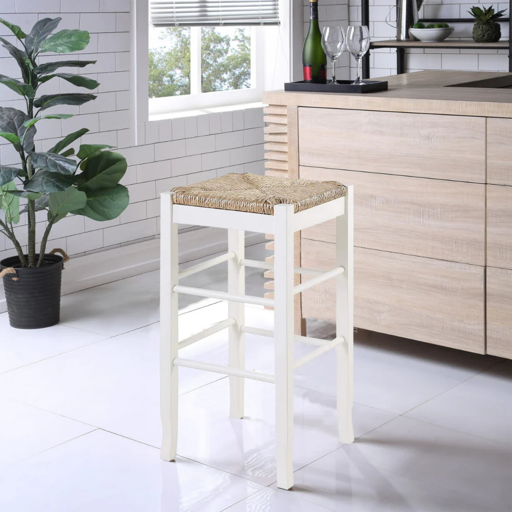 White & Brown Bar Stool with Hand Woven Rush for Your Home Bar – Square Wooden Frame Design