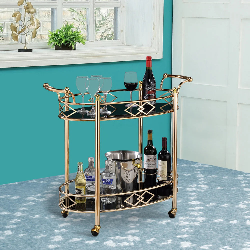 Gold and Black Metal Bar Cart with Tempered Glass Top and Open Bottom Shelf – Perfect Serving Cart for Stylish Entertaining