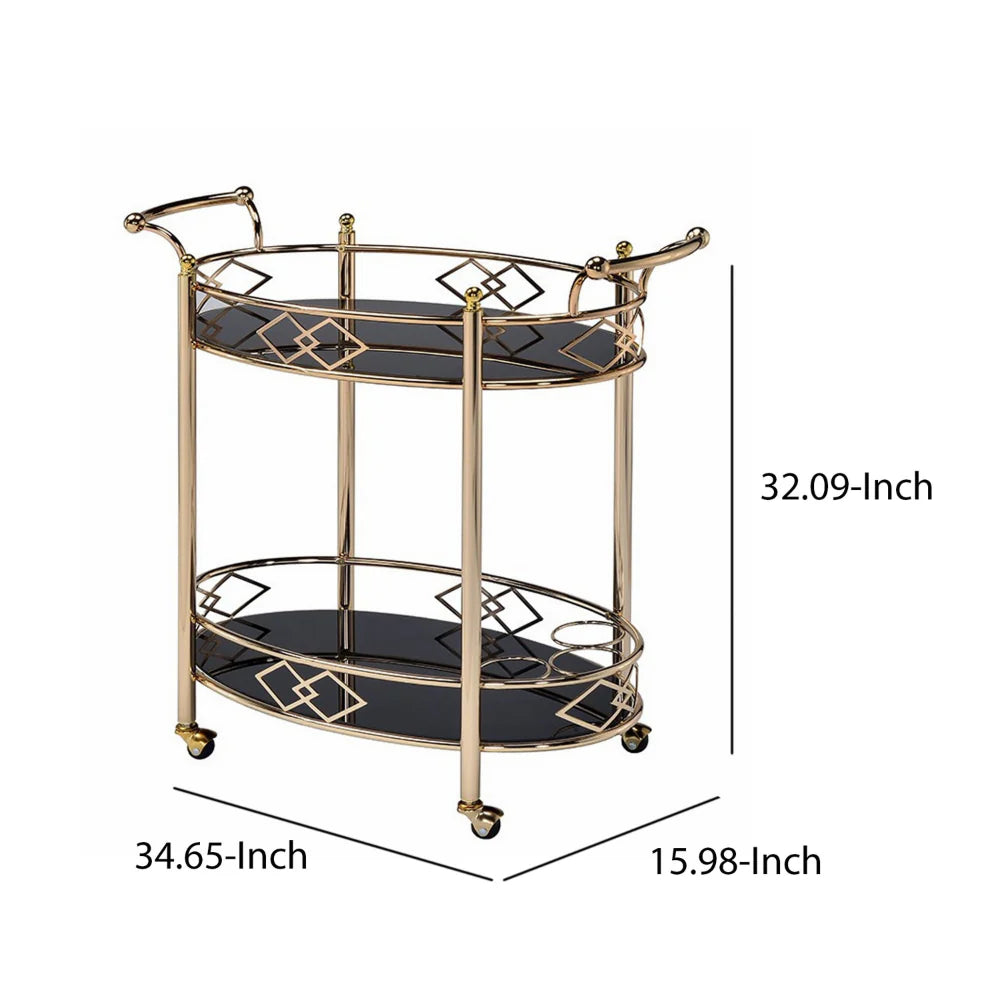 Gold and Black Metal Bar Cart with Tempered Glass Top and Open Bottom Shelf – Perfect Serving Cart for Stylish Entertaining