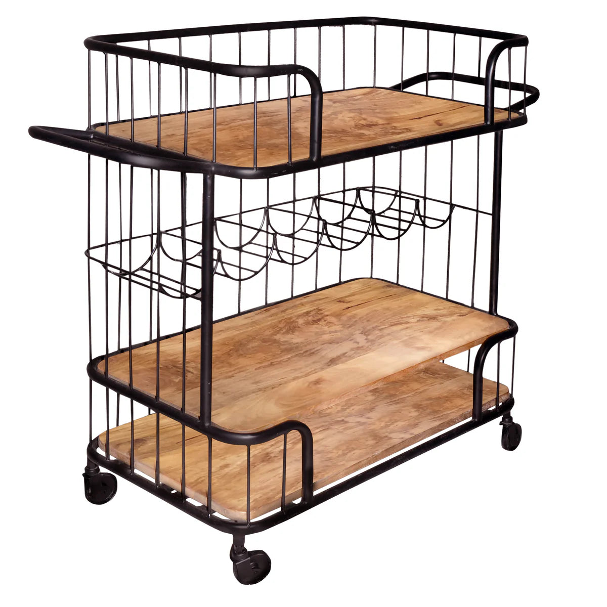 Metal Frame Bar Cart with Wooden Top & 2 Shelves – Stylish Black and Brown Serving Cart