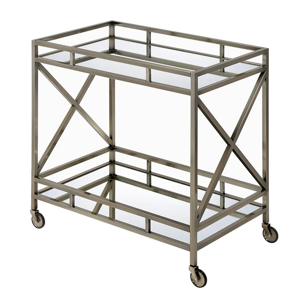 Antique Gold Bar Cart: Two-Tier Metal Serving Cart with Mirrored Shelves and X-Shaped Side Panel