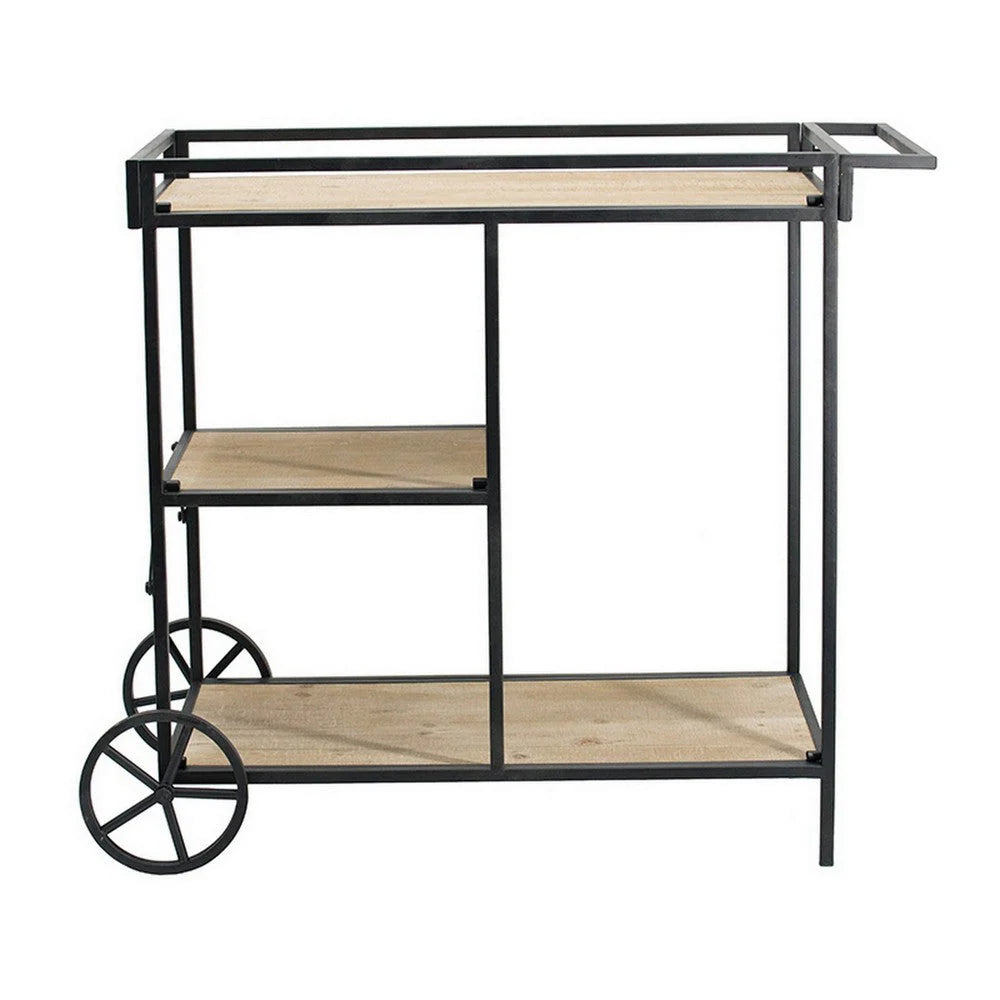 32-Inch Bar Cart & Serving Cart – 3-Tier Fir Wood Shelves with Black Iron Frame, Brown Accents