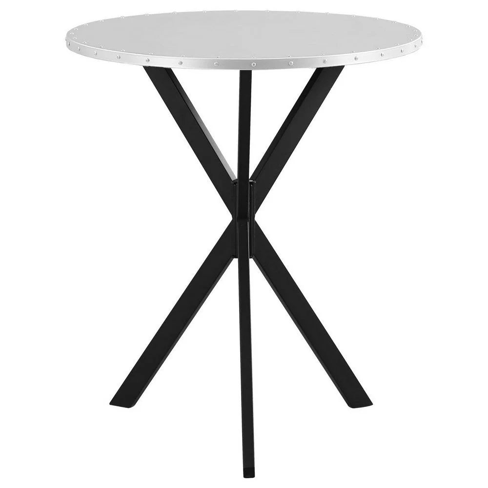 36 Inch Bar Table with Metal Top, Hammered Nails, Intersected Base, Silver – Ideal for Your Home Bar