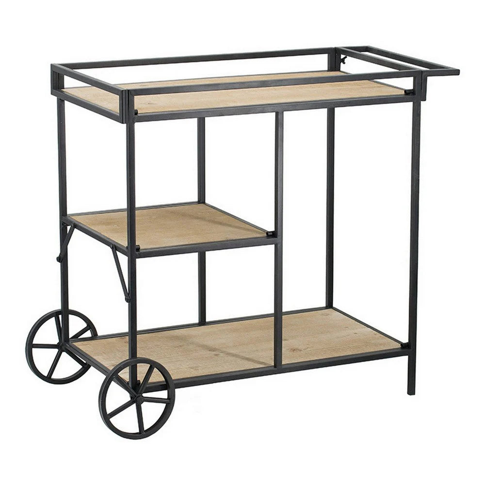 32-Inch Bar Cart & Serving Cart – 3-Tier Fir Wood Shelves with Black Iron Frame, Brown Accents