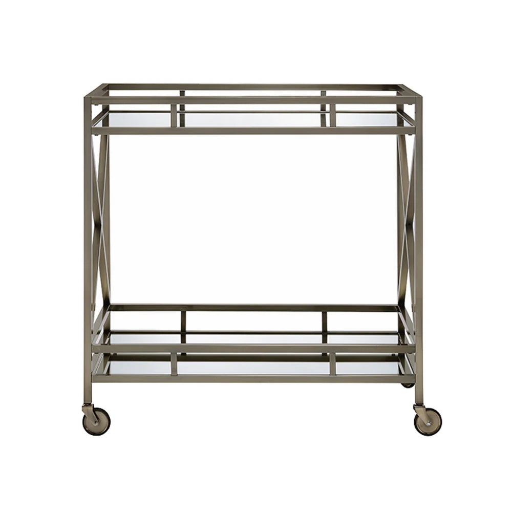 Antique Gold Bar Cart: Two-Tier Metal Serving Cart with Mirrored Shelves and X-Shaped Side Panel
