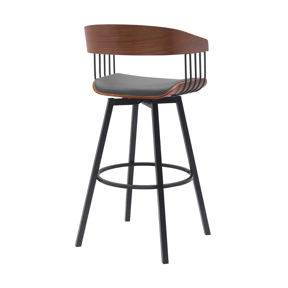 Vera 31-Inch Swivel Bar Stool Chair with Curved Open Back – Walnut Brown & Gray | Perfect for Home Bar