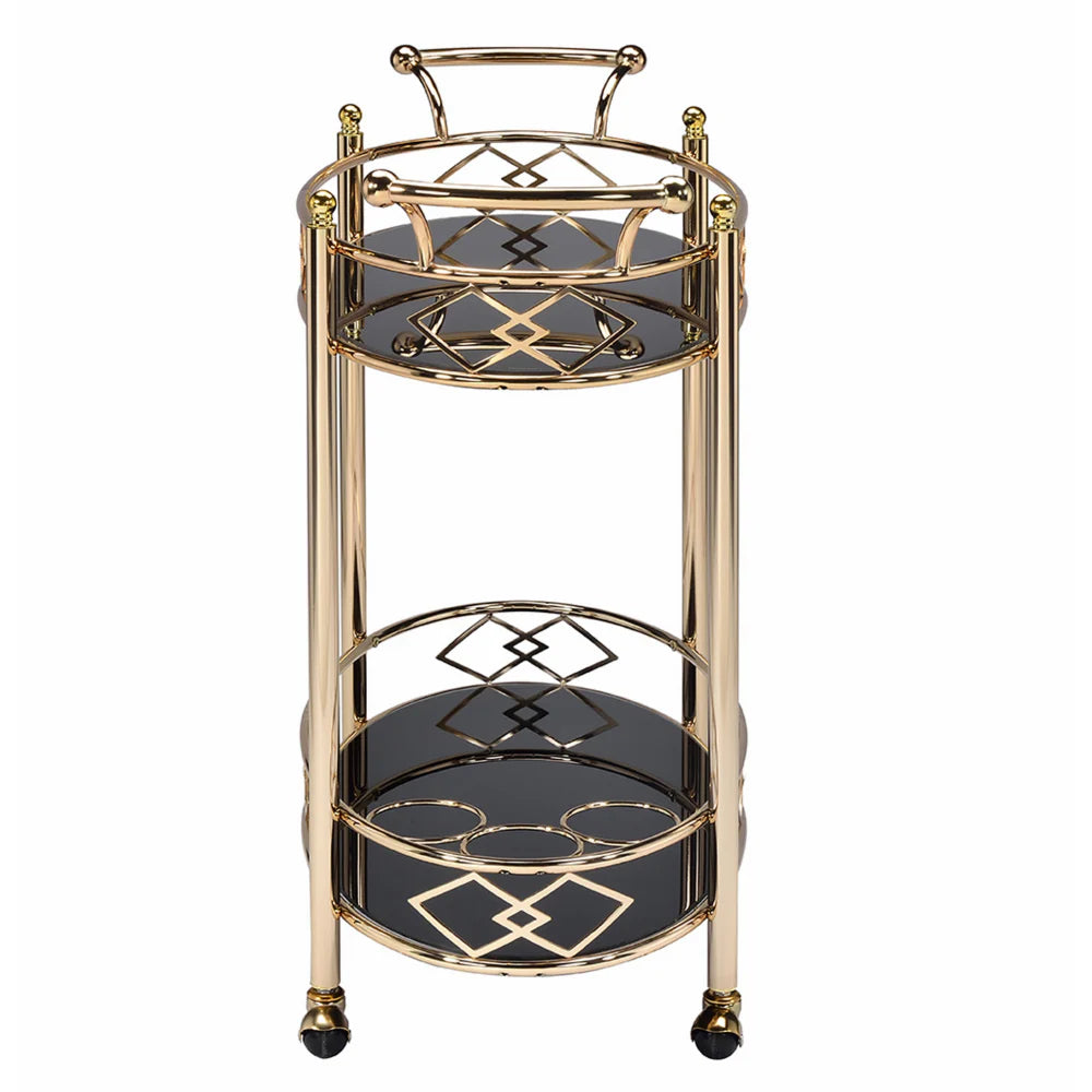 Gold and Black Metal Bar Cart with Tempered Glass Top and Open Bottom Shelf – Perfect Serving Cart for Stylish Entertaining