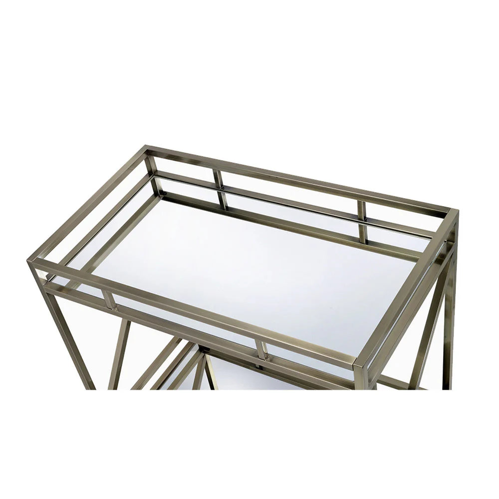 Antique Gold Bar Cart: Two-Tier Metal Serving Cart with Mirrored Shelves and X-Shaped Side Panel