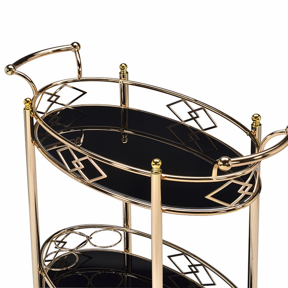 Gold and Black Metal Bar Cart with Tempered Glass Top and Open Bottom Shelf – Perfect Serving Cart for Stylish Entertaining