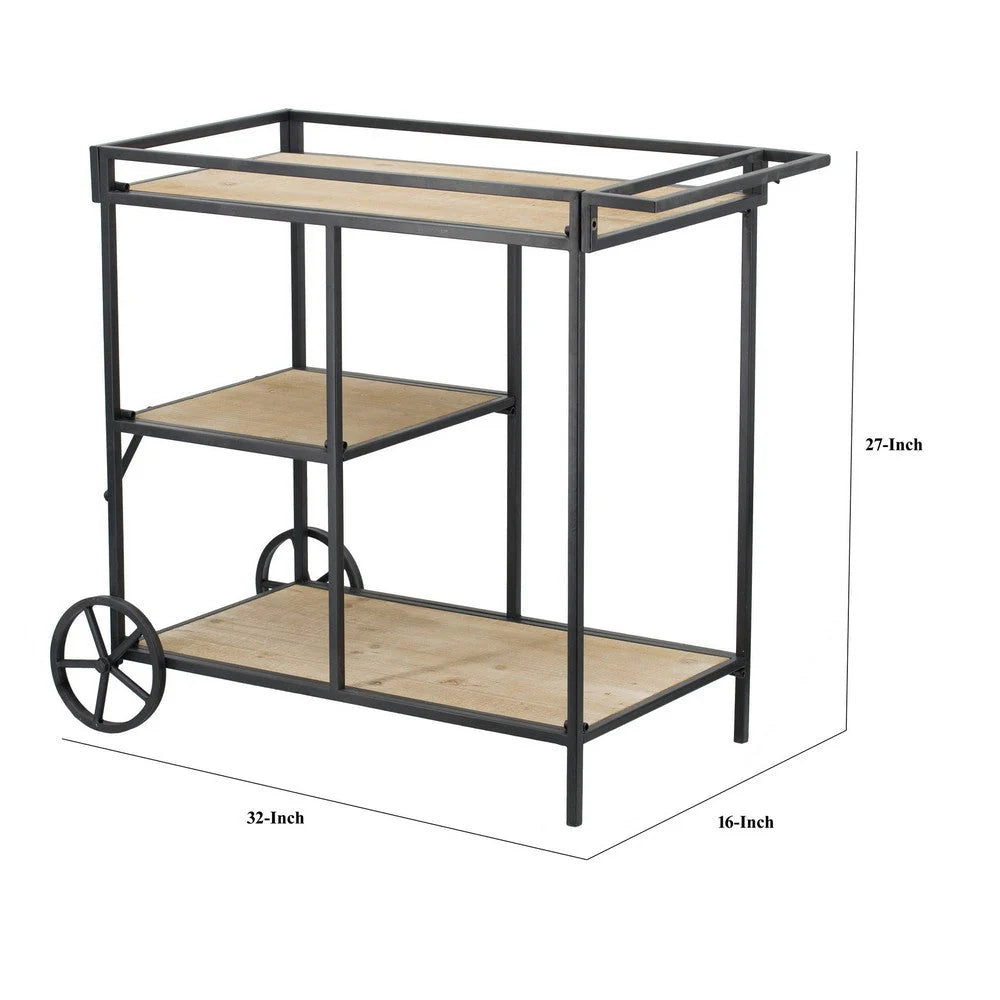 32-Inch Bar Cart & Serving Cart – 3-Tier Fir Wood Shelves with Black Iron Frame, Brown Accents