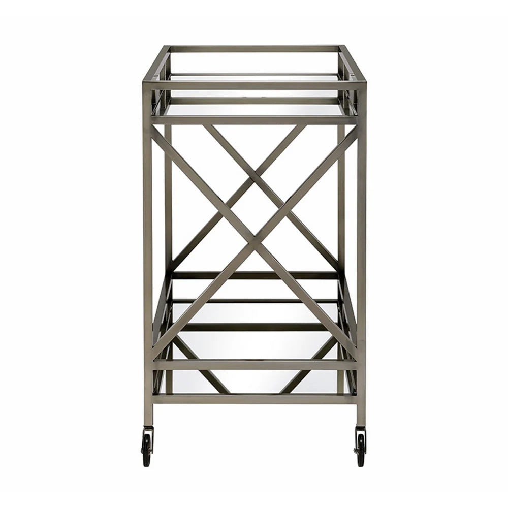Antique Gold Bar Cart: Two-Tier Metal Serving Cart with Mirrored Shelves and X-Shaped Side Panel