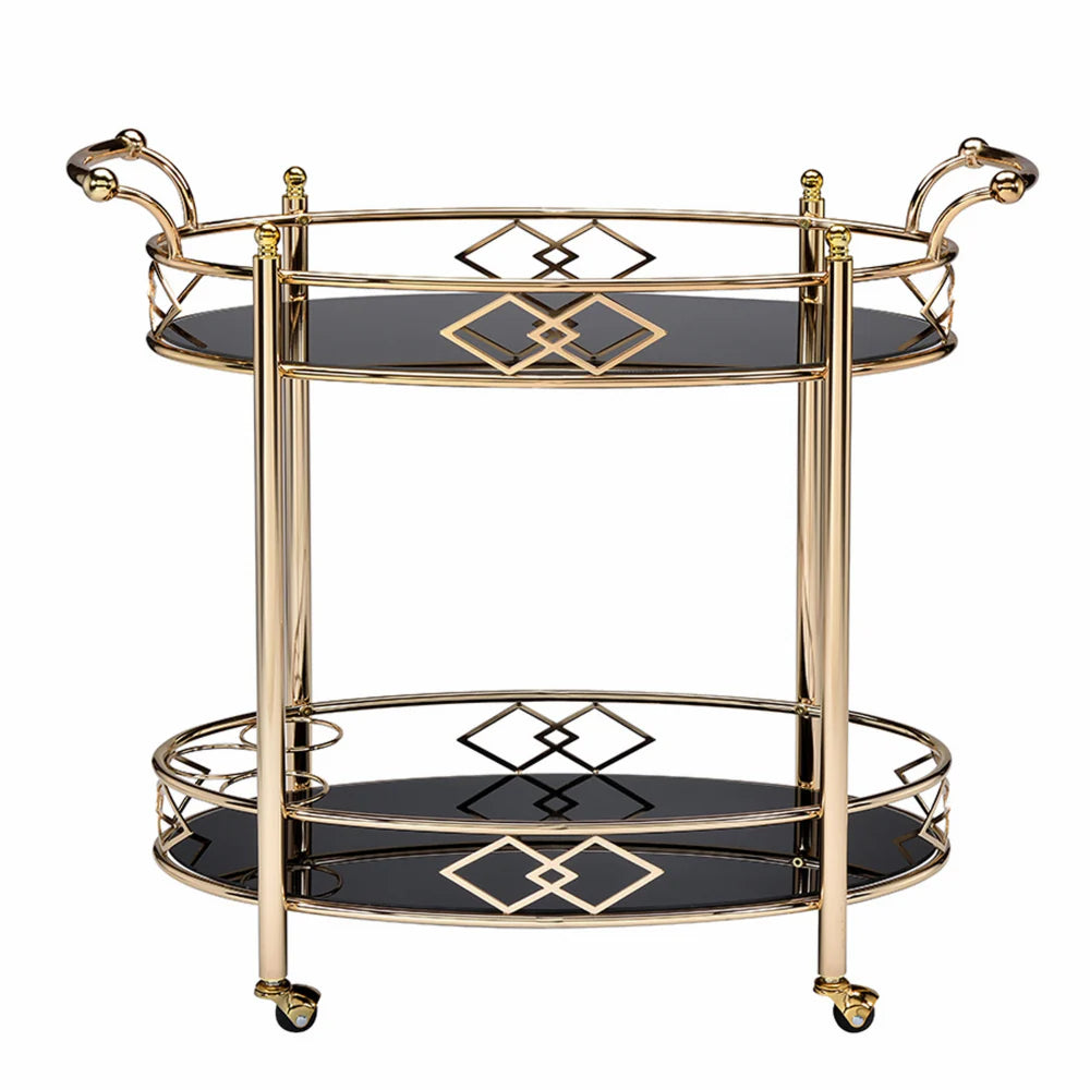 Gold and Black Metal Bar Cart with Tempered Glass Top and Open Bottom Shelf – Perfect Serving Cart for Stylish Entertaining