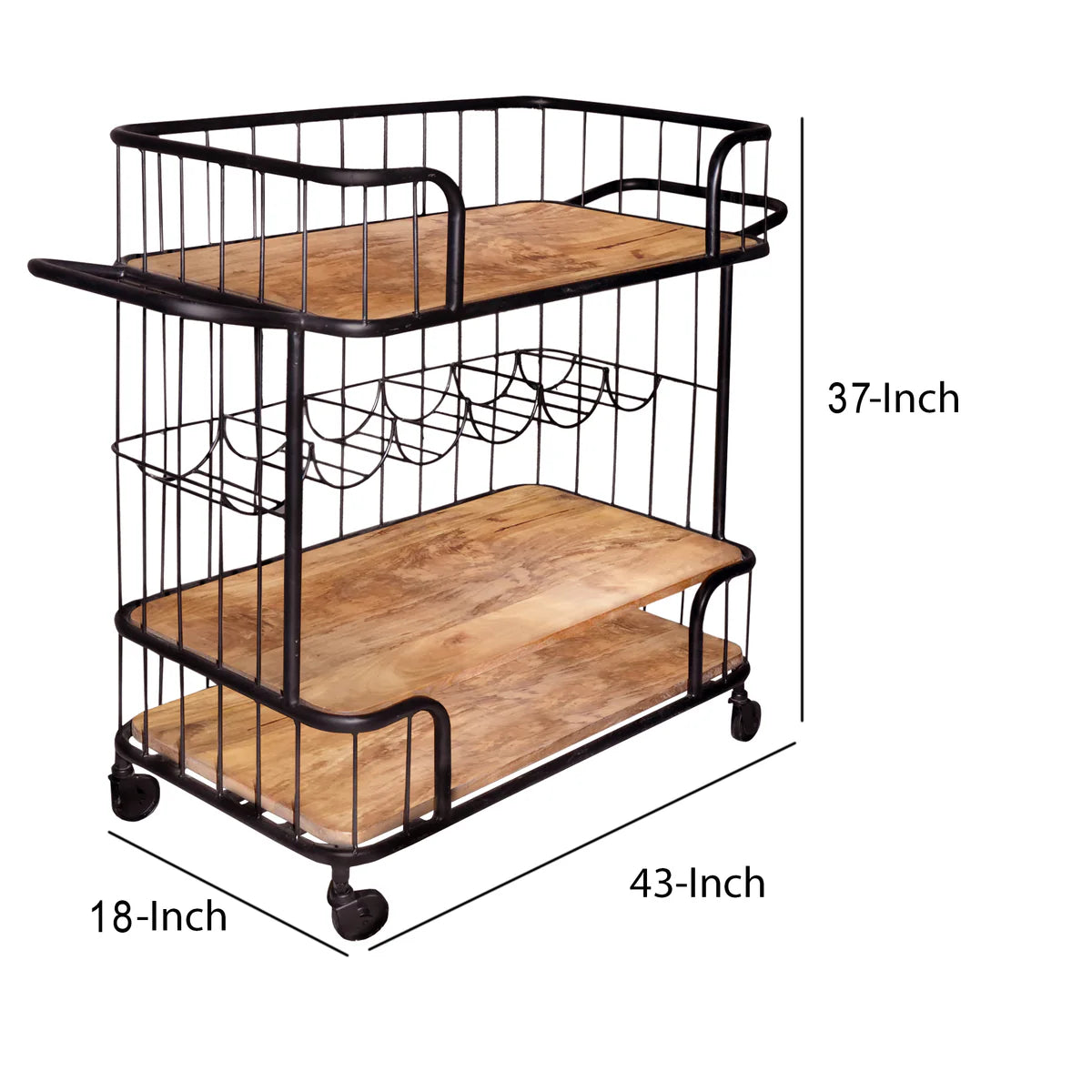 Metal Frame Bar Cart with Wooden Top & 2 Shelves – Stylish Black and Brown Serving Cart
