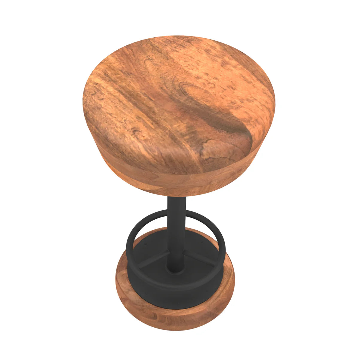 Rustic Charm 24-Inch Swivel Bar Stool – Handcrafted Brown Mango Wood Seat with Black Iron Base & Footrest for Your Home Bar
