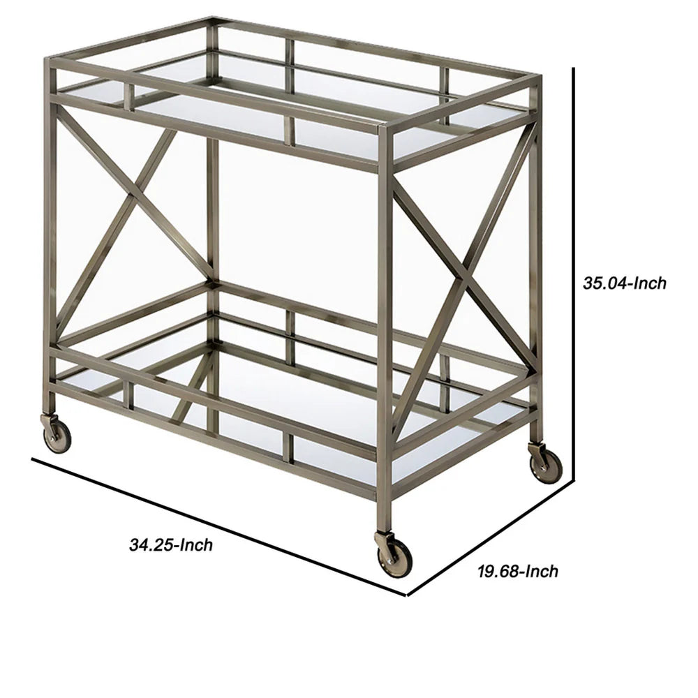 Antique Gold Bar Cart: Two-Tier Metal Serving Cart with Mirrored Shelves and X-Shaped Side Panel