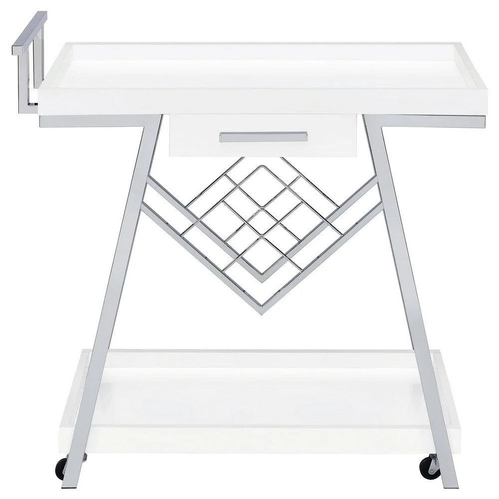 35-Inch Rolling Bar & Serving Cart: 2-Tier with Drawer, White Wood & Chrome Finish, Elegant Design