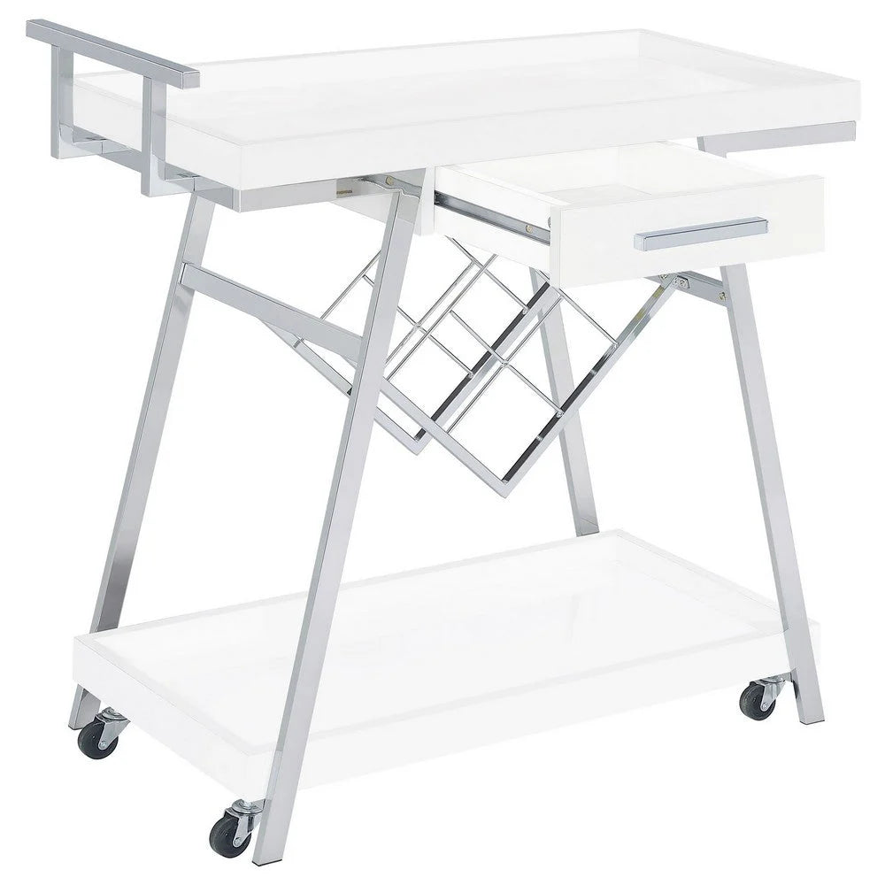 35-Inch Rolling Bar & Serving Cart: 2-Tier with Drawer, White Wood & Chrome Finish, Elegant Design