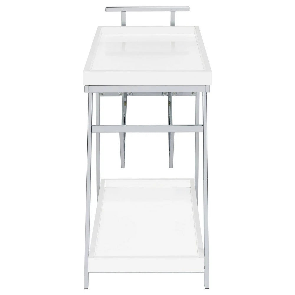 35-Inch Rolling Bar & Serving Cart: 2-Tier with Drawer, White Wood & Chrome Finish, Elegant Design