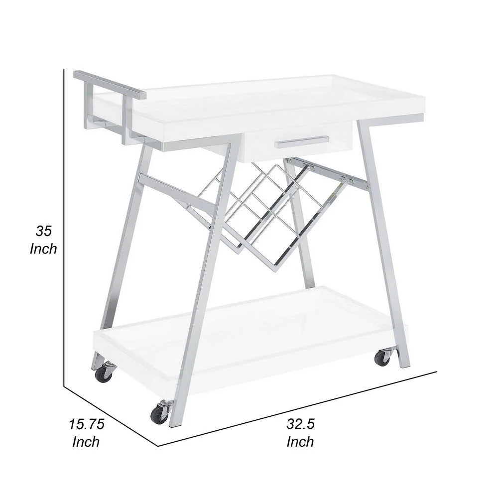 35-Inch Rolling Bar & Serving Cart: 2-Tier with Drawer, White Wood & Chrome Finish, Elegant Design