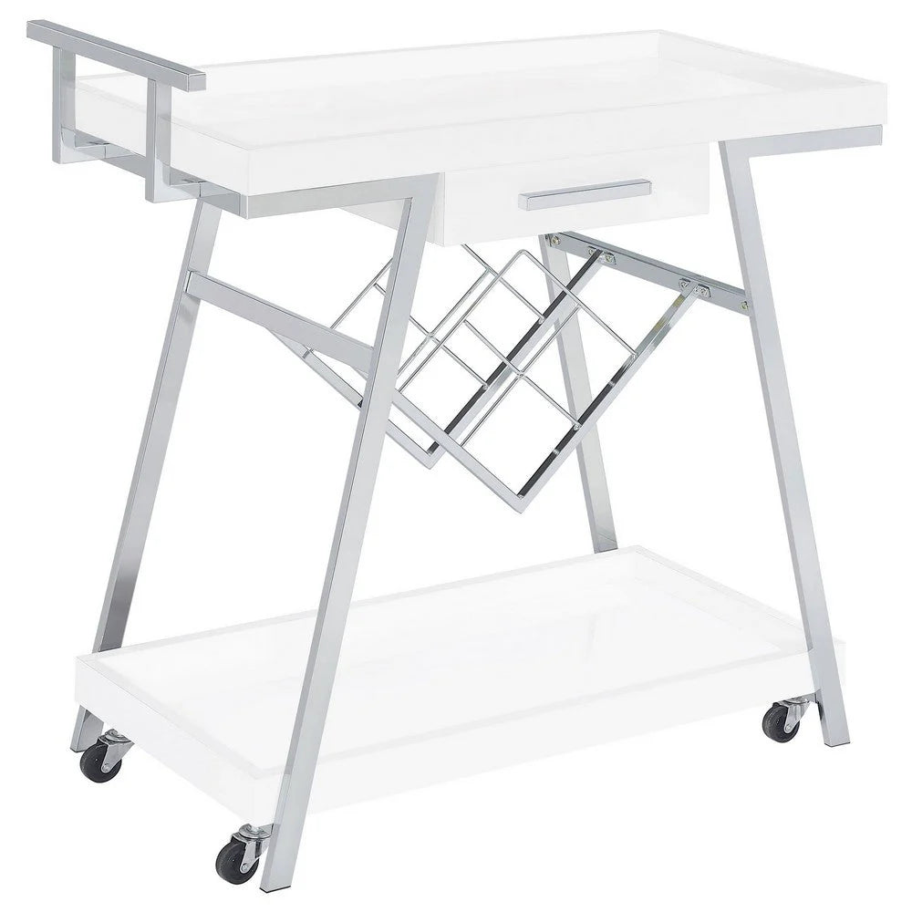 35-Inch Rolling Bar & Serving Cart: 2-Tier with Drawer, White Wood & Chrome Finish, Elegant Design