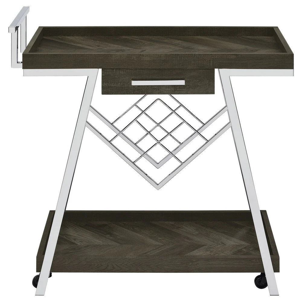 35-Inch Rolling Bar Cart & Serving Cart: 2-Tier with Drawer, Black Wood & Chrome Finish, Elegant Design