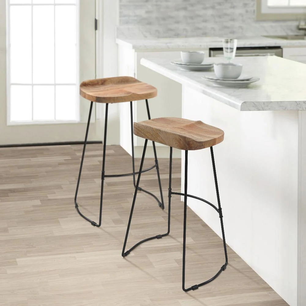Tiva 30-Inch Handcrafted Barstool – Natural Brown Mango Wood Saddle Seat with Black Metal Base – Perfect for Game Room and Home Bar Accessories