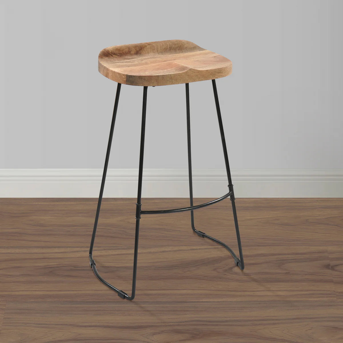 Tiva 30-Inch Handcrafted Barstool – Natural Brown Mango Wood Saddle Seat with Black Metal Base – Perfect for Game Room and Home Bar Accessories