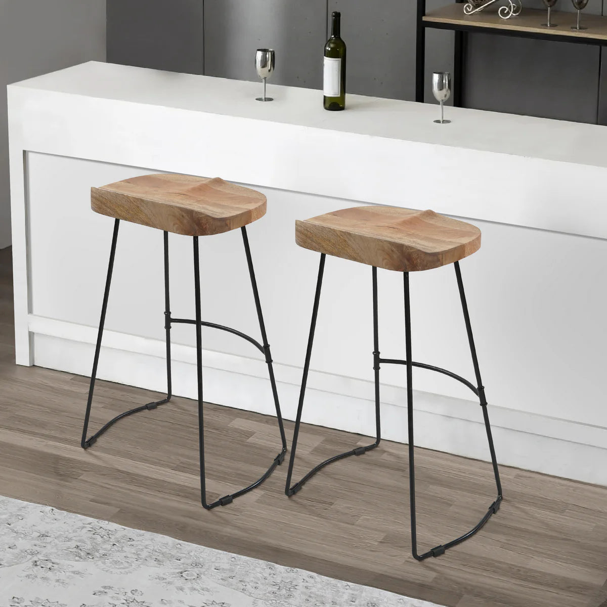 Tiva 30-Inch Handcrafted Barstool – Natural Brown Mango Wood Saddle Seat with Black Metal Base – Perfect for Game Room and Home Bar Accessories