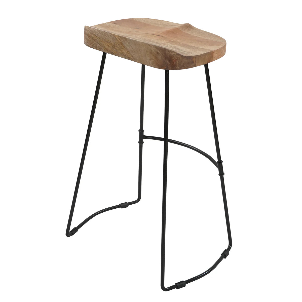 Tiva 30-Inch Handcrafted Barstool – Natural Brown Mango Wood Saddle Seat with Black Metal Base – Perfect for Game Room and Home Bar Accessories