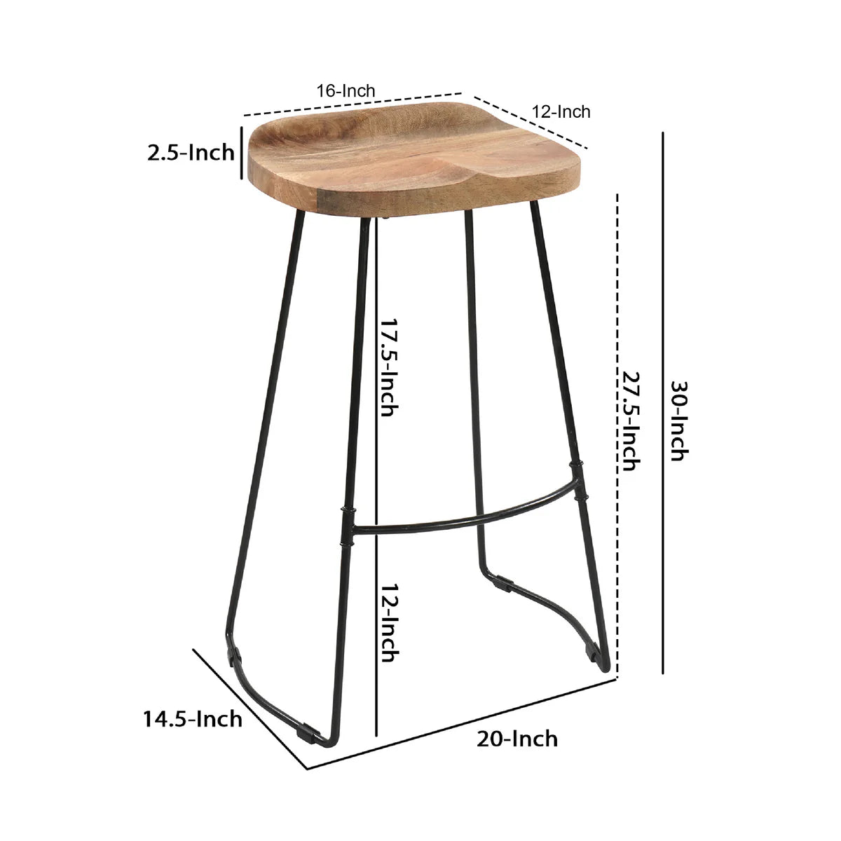 Tiva 30-Inch Handcrafted Barstool – Natural Brown Mango Wood Saddle Seat with Black Metal Base – Perfect for Game Room and Home Bar Accessories