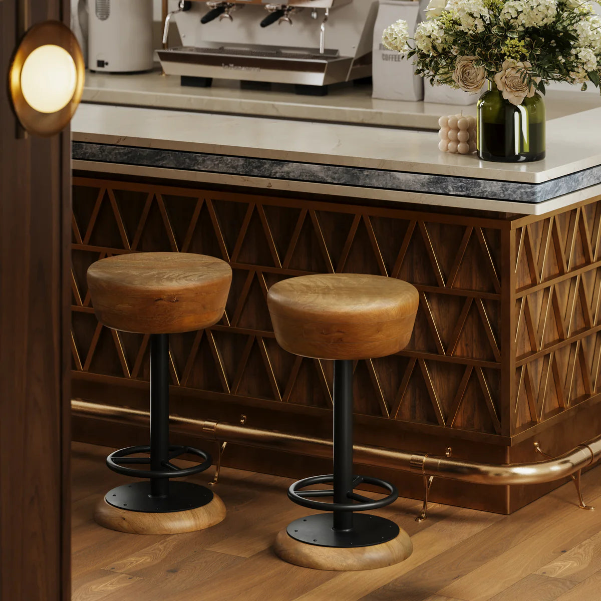 Rustic Charm 24-Inch Swivel Bar Stool – Handcrafted Brown Mango Wood Seat with Black Iron Base & Footrest for Your Home Bar
