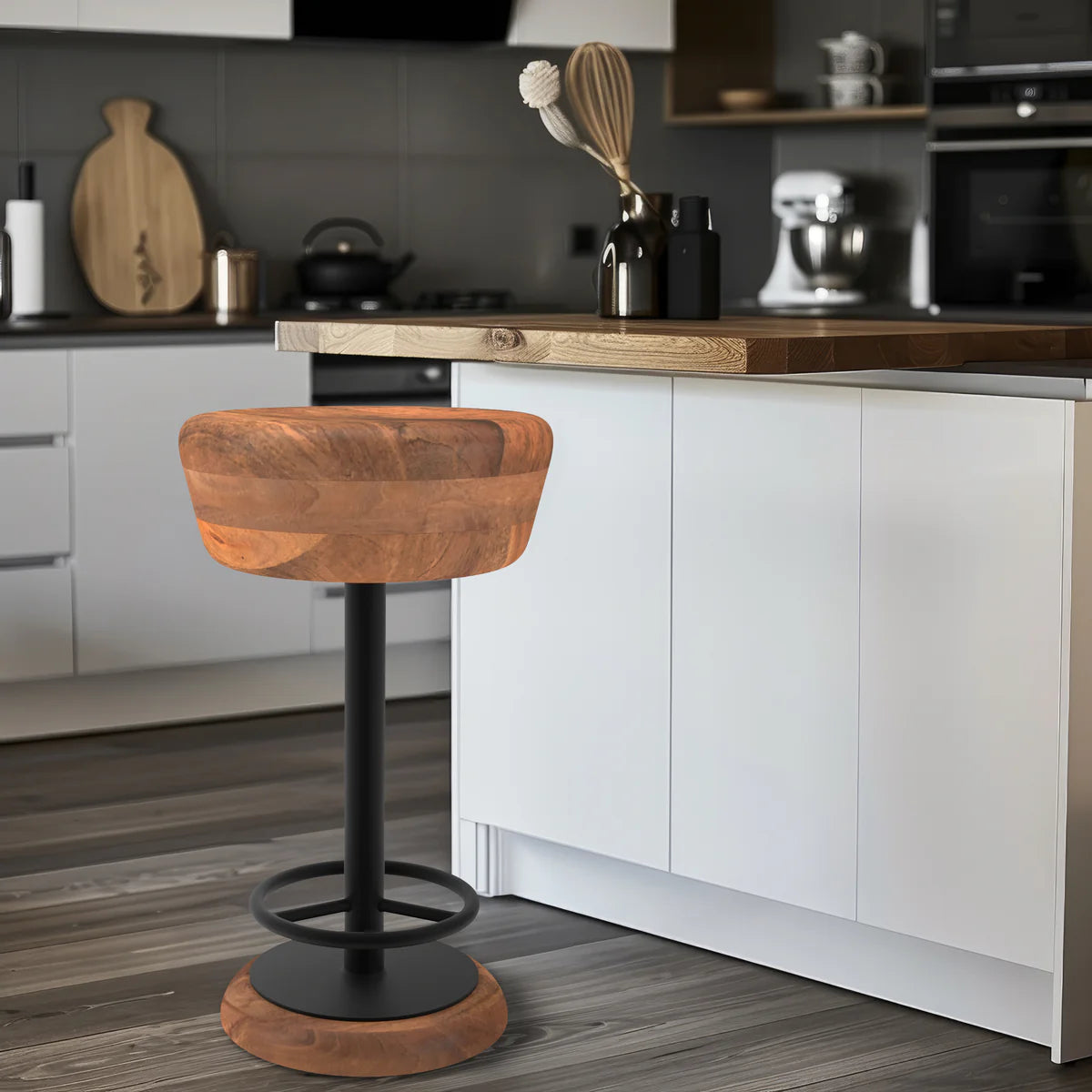 Rustic Charm 24-Inch Swivel Bar Stool – Handcrafted Brown Mango Wood Seat with Black Iron Base & Footrest for Your Home Bar
