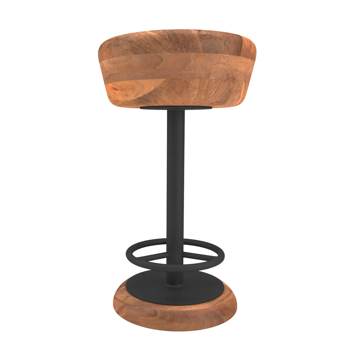 Rustic Charm 24-Inch Swivel Bar Stool – Handcrafted Brown Mango Wood Seat with Black Iron Base & Footrest for Your Home Bar