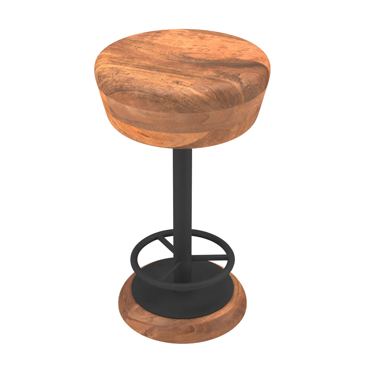 Rustic Charm 24-Inch Swivel Bar Stool – Handcrafted Brown Mango Wood Seat with Black Iron Base & Footrest for Your Home Bar