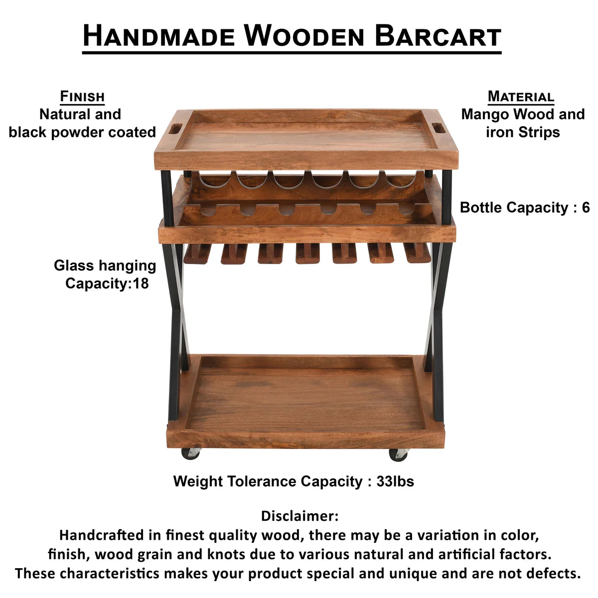 30 Inch Rolling Wine Bar Cart, 2 Tray Tops, Stemware Rack, Bottle Holder, Natural Brown Mango Wood