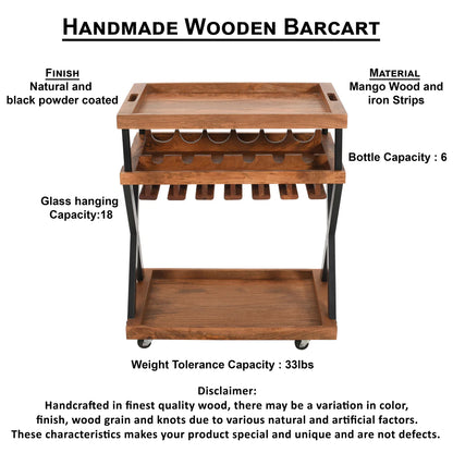 30 Inch Rolling Wine Bar Cart, 2 Tray Tops, Stemware Rack, Bottle Holder, Natural Brown Mango Wood