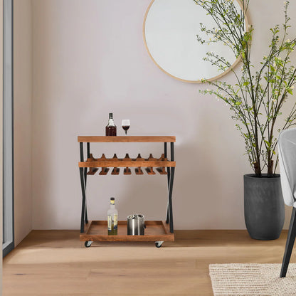 30 Inch Rolling Wine Bar Cart, 2 Tray Tops, Stemware Rack, Bottle Holder, Natural Brown Mango Wood