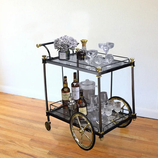 Black and Gold Metal Frame Bar Cart and Serving Cart: Elegant Design with Glass Shelves and Side Handle