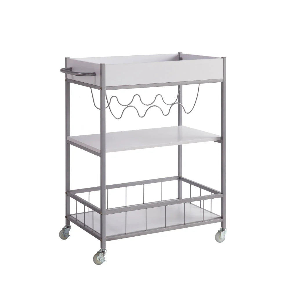 Kelcy 34-Inch Modern Bar & Serving Cart: Stylish 3-Shelf Design with Wine Rack and Wheels – Elegant White Finish
