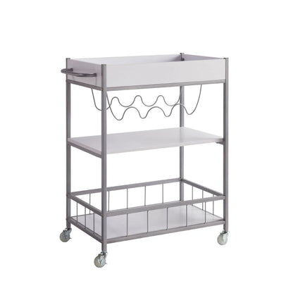 Kelcy 34-Inch Modern Bar & Serving Cart: Stylish 3-Shelf Design with Wine Rack and Wheels – Elegant White Finish
