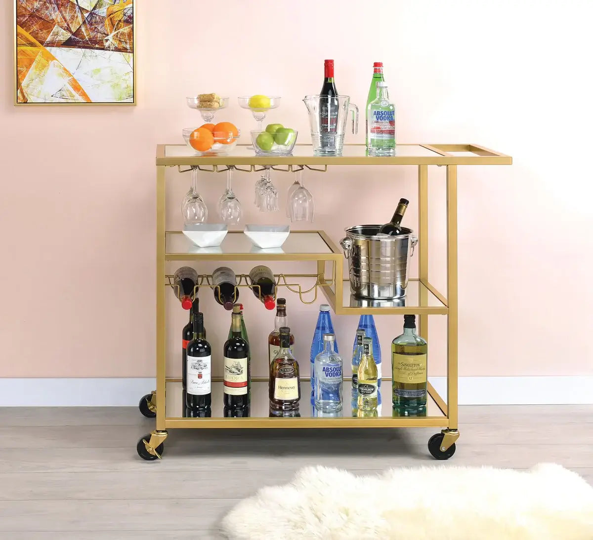 Gold Bar Cart & Serving Cart: Rectangular Metal Design with Stemware and Bottle Holder