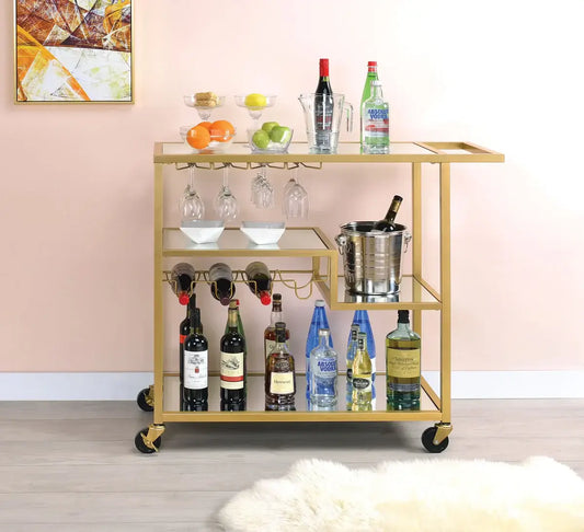 Gold Bar Cart & Serving Cart: Rectangular Metal Design with Stemware and Bottle Holder