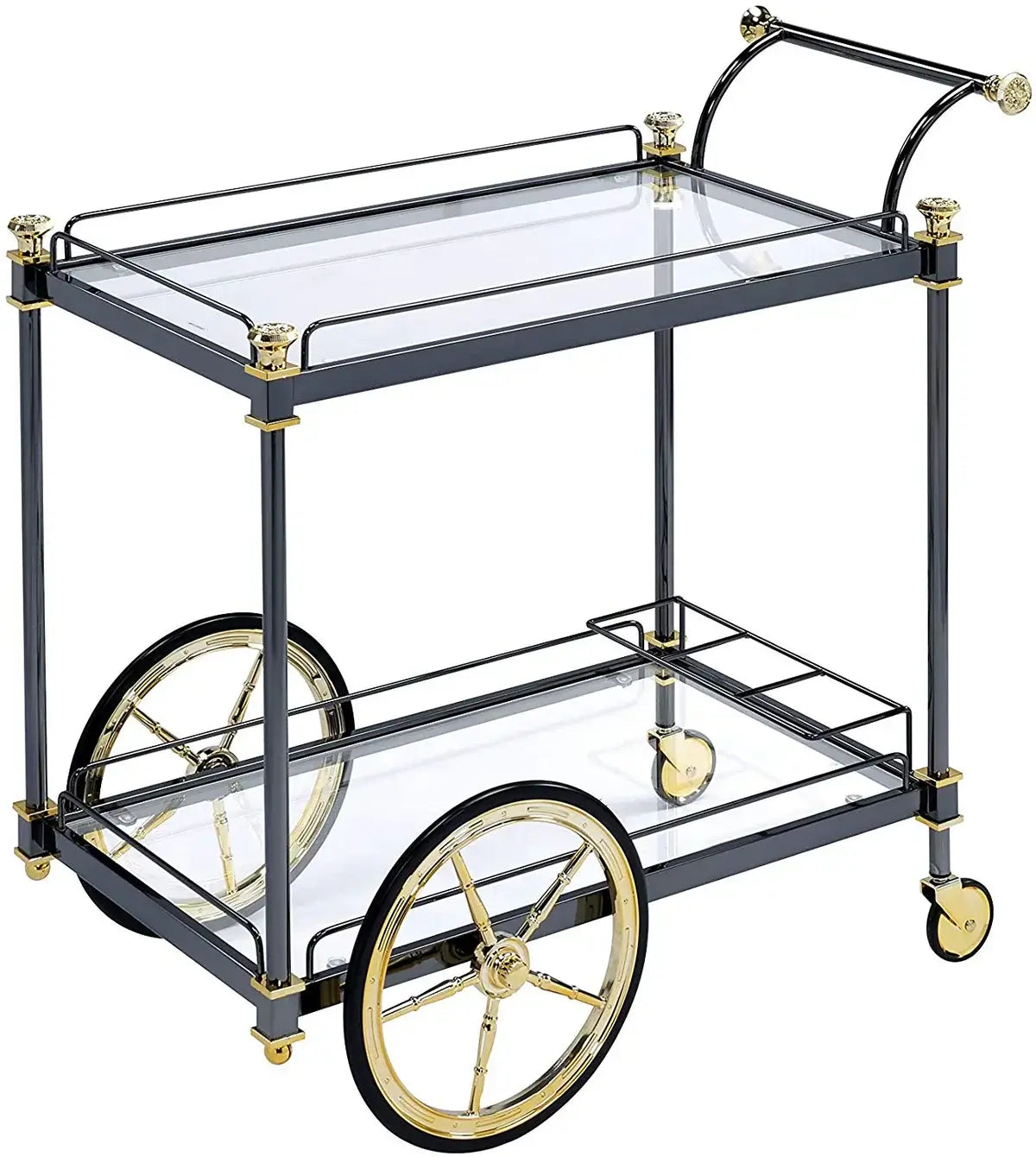 Black and Gold Metal Frame Bar Cart and Serving Cart: Elegant Design with Glass Shelves and Side Handle