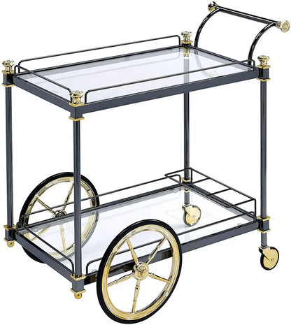 Black and Gold Metal Frame Bar Cart and Serving Cart: Elegant Design with Glass Shelves and Side Handle