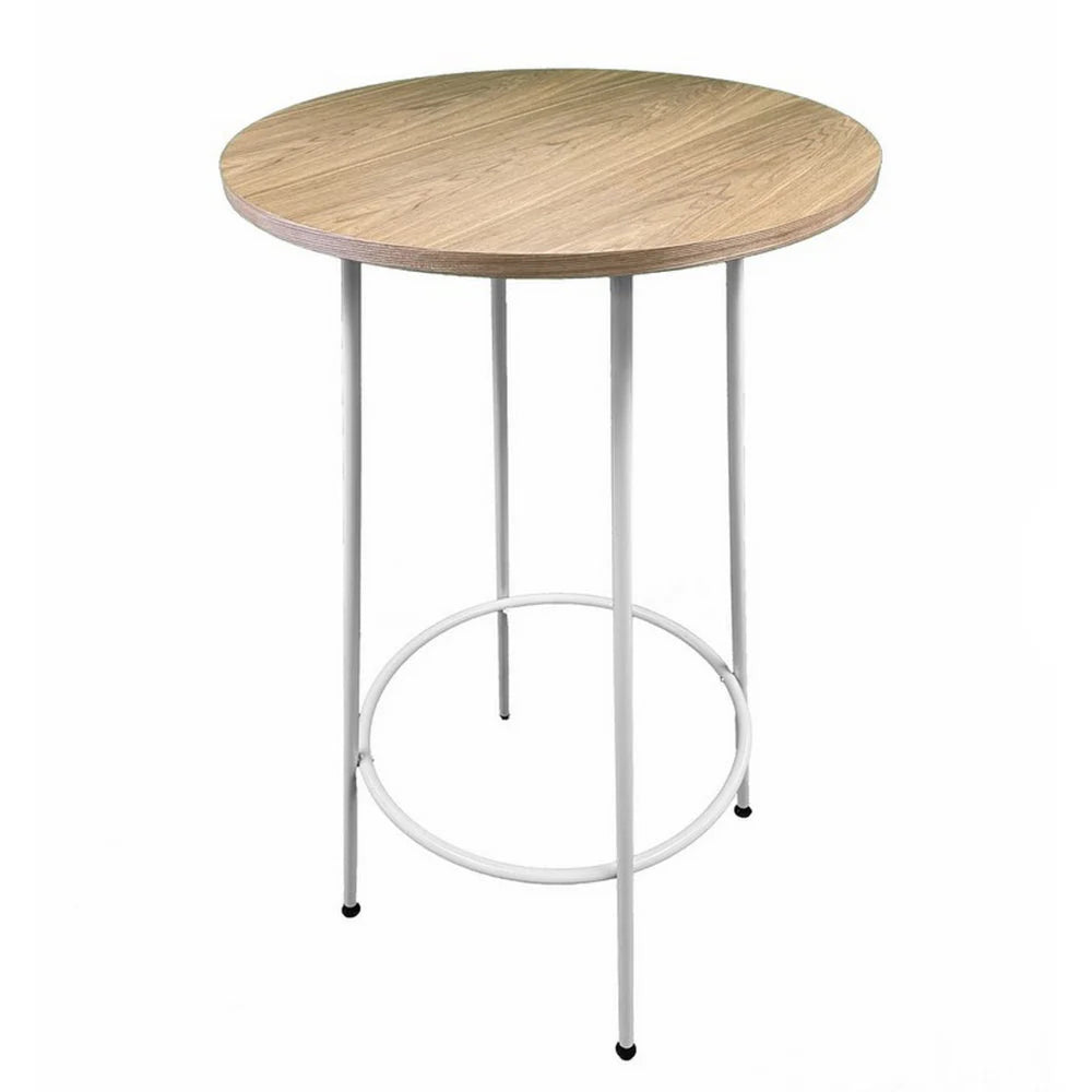 Neni 42-Inch Bar Table – Chic Round Natural Brown Wood Top with Sleek White Metal Legs